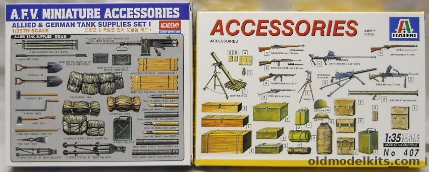 Italeri 1/35 407 US and British Army Accessories and Academy AFV Accessories Allied and German Tank Supplies Set 1 plastic model kit
